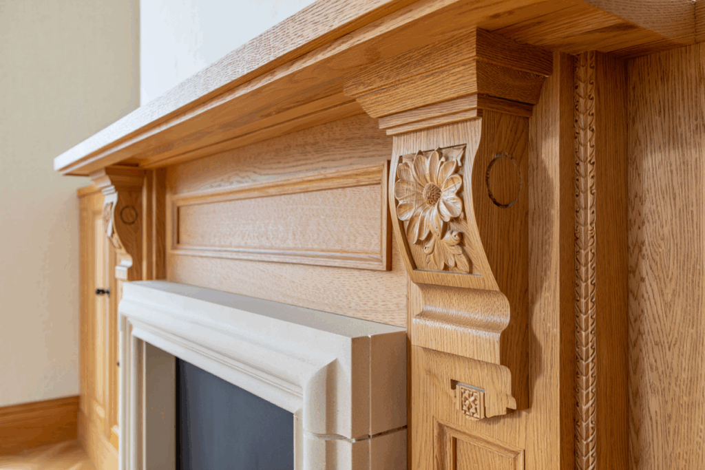 rzeźbiona drewniana obudowa kominka